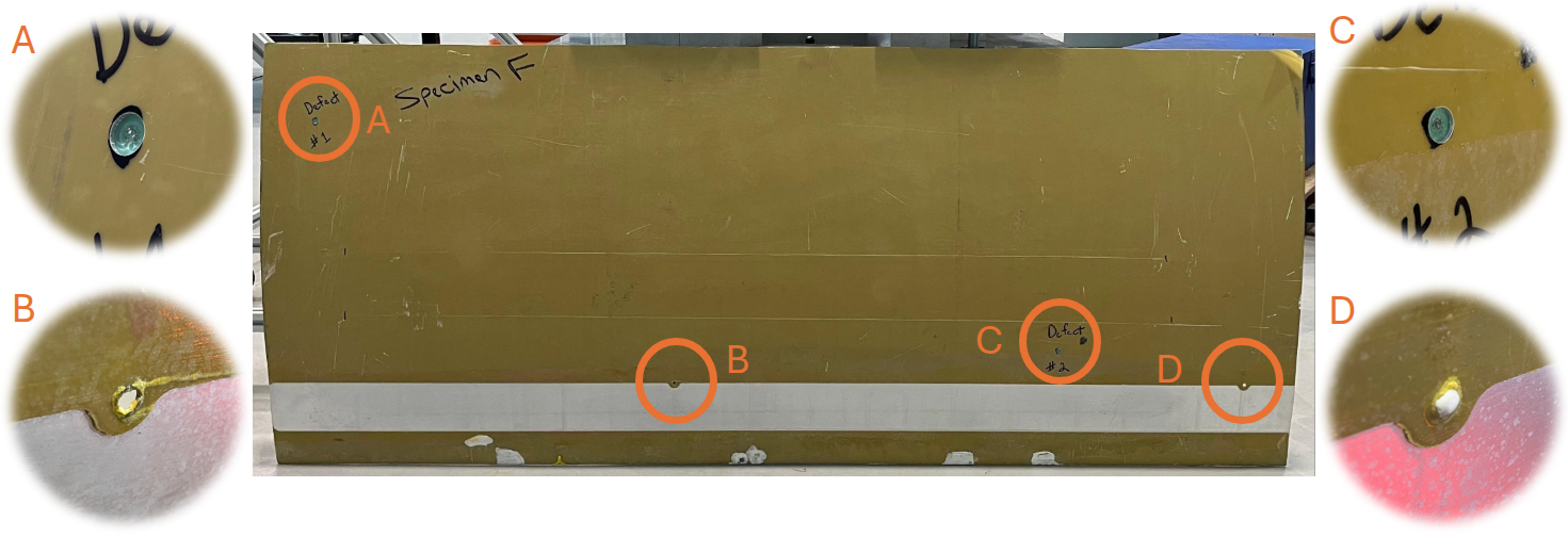 Fuselage Panel Front - Callouts A and C show mock defects whereas B and D are intentional features