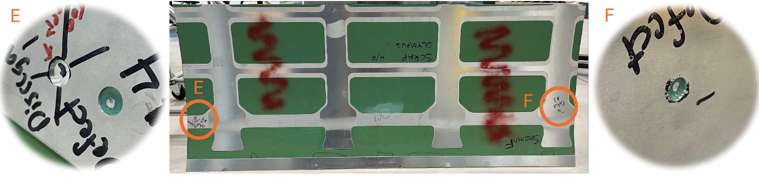 Fuselage Panel Rear - Callouts E and F show mock defects